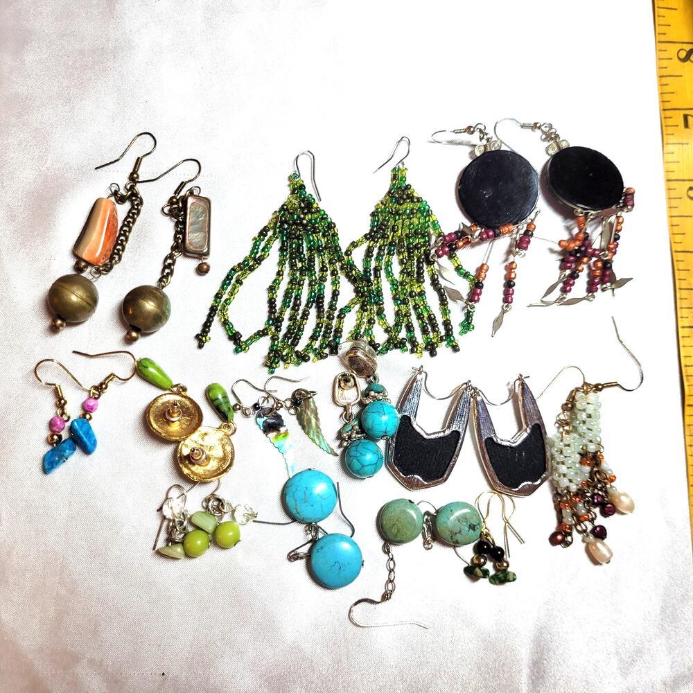 13 Pc Earrings Lot Retro Boho Western Southwestern Dangle Beaded Gemstone Chips - Picture 9 of 9